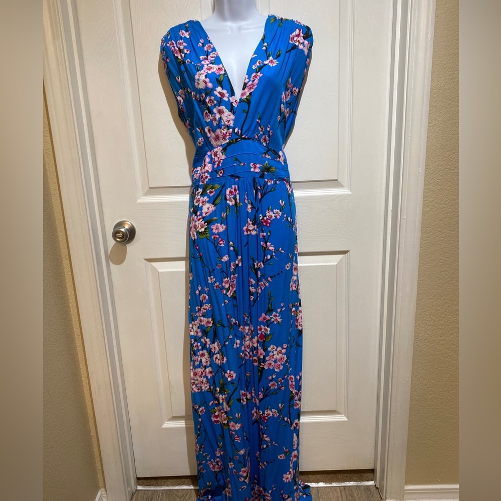 ModCloth Ruby Rocks Maxi Dress L Blue Pink Floral Cherry Blossoms Fairy Artsy